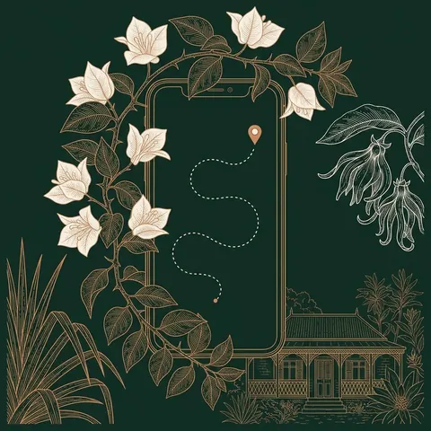 Illustration au trait cuivre : un téléphone avec un chemin sinueux vers un repère, entouré de bougainvillier
