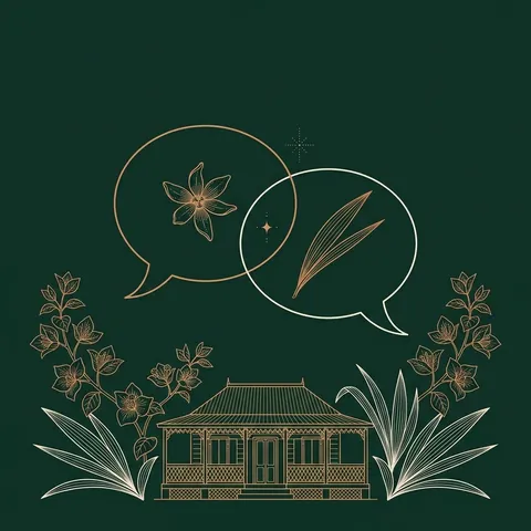 Illustration au trait cuivre : deux bulles de conversation ornées d'une fleur d'ylang et d'une feuille de vacoa