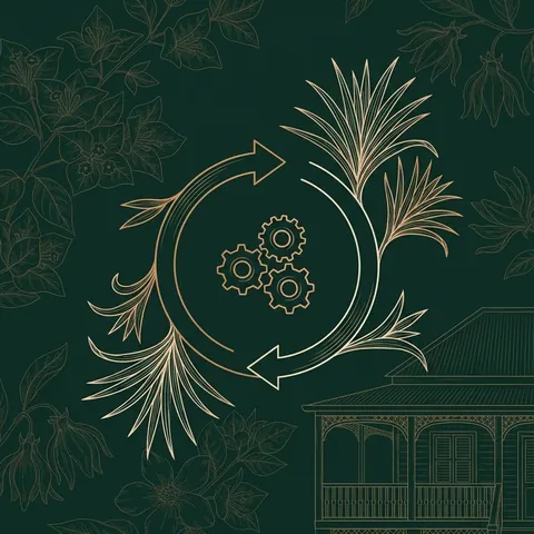 Illustration au trait cuivre : trois engrenages et une flèche en boucle d'où poussent des feuilles de vacoa