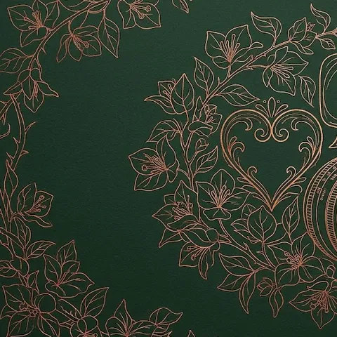 Illustration au trait cuivre : un cœur, un objectif photo et une bulle de message avec des fleurs de bougainvillier