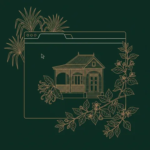 Illustration au trait cuivre : une fenêtre de navigateur ouverte sur une case créole, avec un bougainvillier