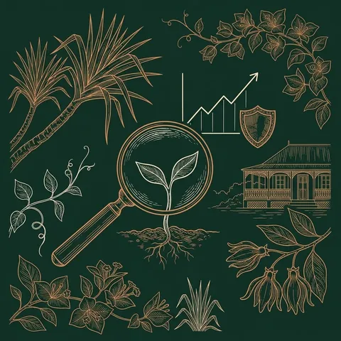 Illustration au trait cuivre : une loupe sur une jeune pousse, une courbe qui monte et un petit bouclier