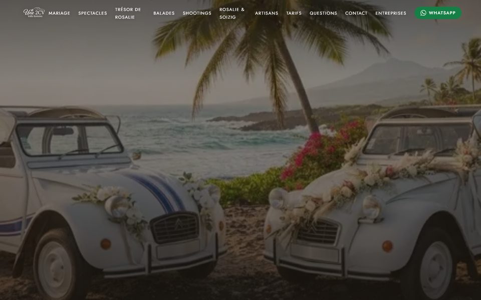 Capture de la page d’accueil du site Une 2CV, mille histoires, location de 2CV de collection avec chauffeur