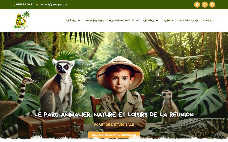 Capture de la page d’accueil du site du Croc Parc, parc animalier de L’Étang-Salé