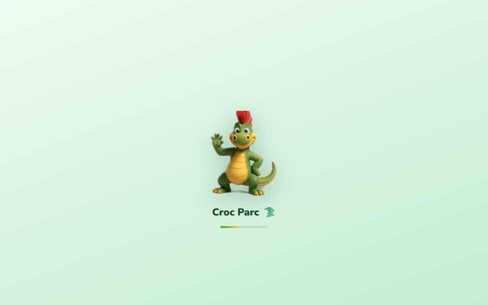Écran d’ouverture de l’application Croki Adventure et sa mascotte, au Croc Parc