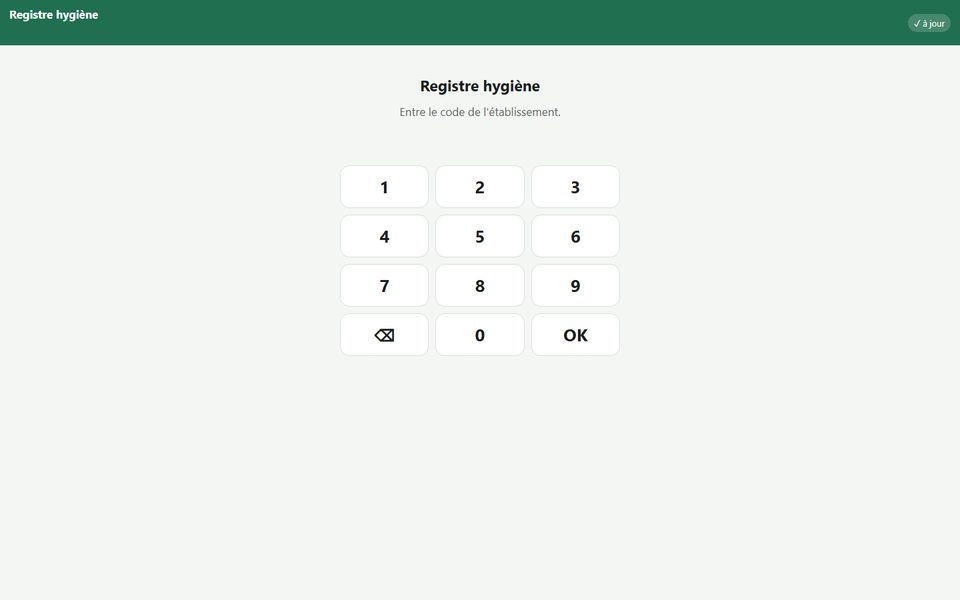 Écran d’accueil du registre d’hygiène numérique du restaurant du Croc Parc, avec son clavier de code